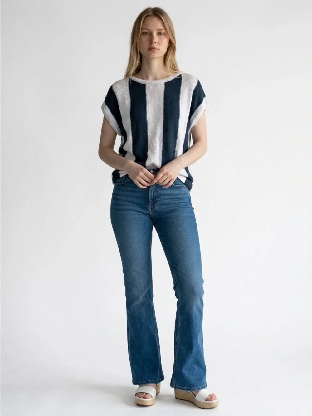 LOFT White Knit Sweater with Navy Accent